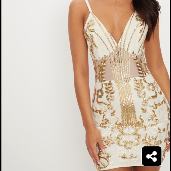 Gold Sheer Strappy Panel Sequin Bodycon Dress NEW - Picture 8 of 8